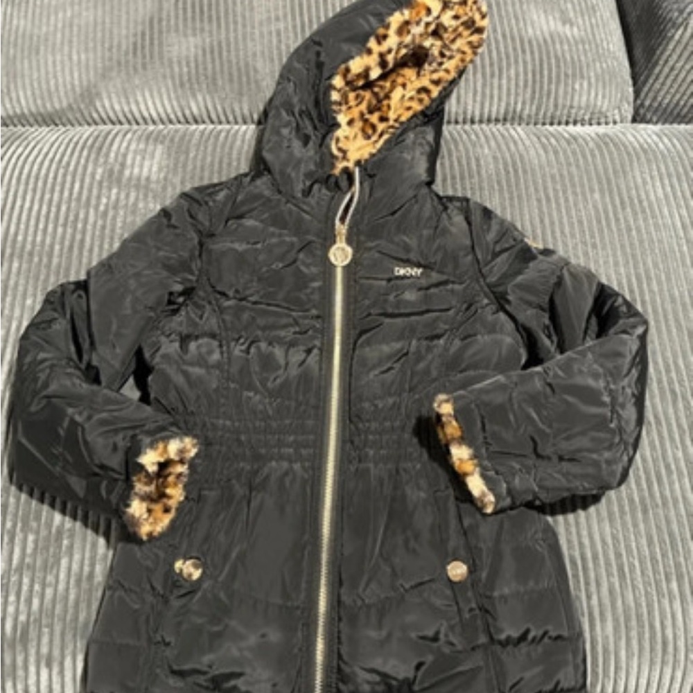 DKNY Black Puffer Jacket with Leopard Faux-Fur Trim - Kids